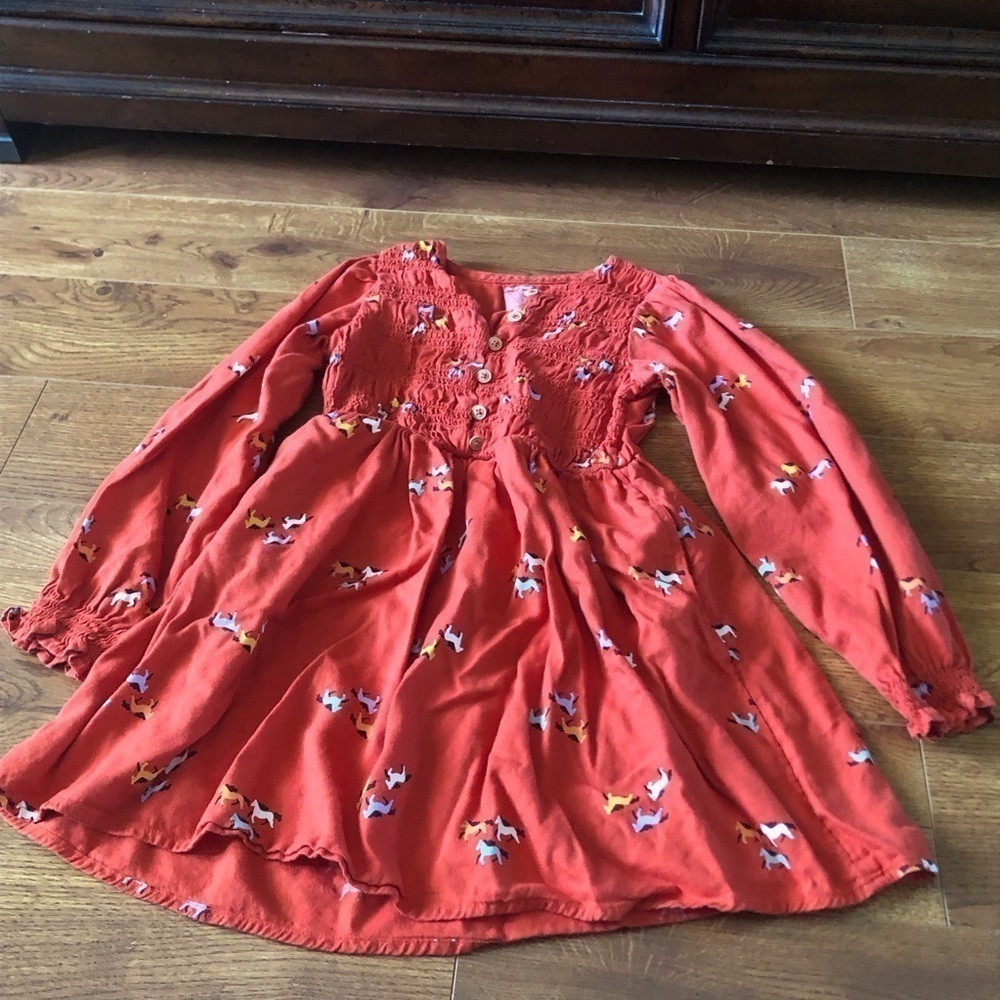 Cat & Jack orange horse print long sleeve dress in size S (6-7)